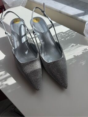 Madden Girl Silver Rhinestone Pointed Slingback Heels